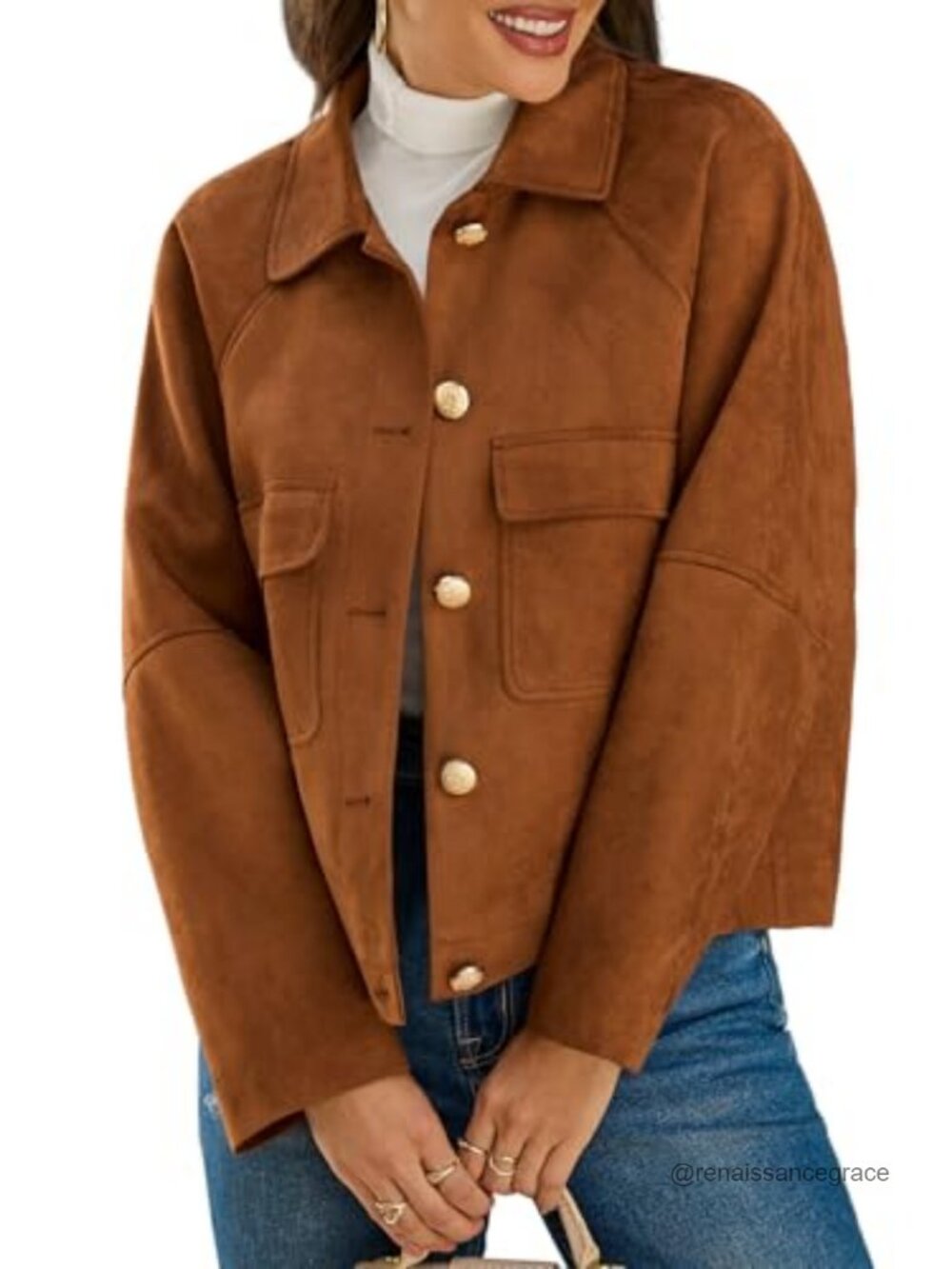 Faux Suede Cropped Shacket Jacket Vintage Button Pockets